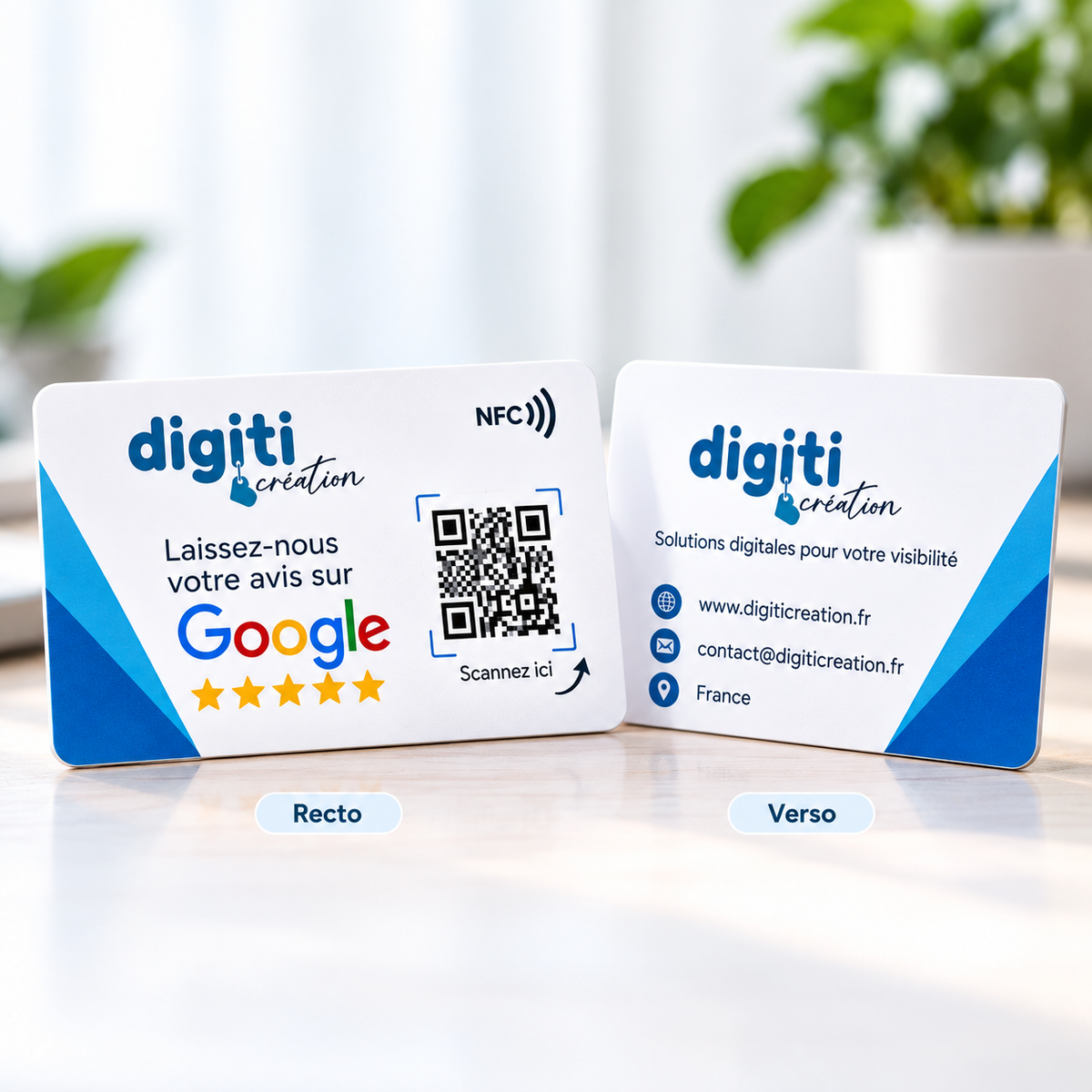 Carte NFC Google Avis personnalisée recto verso avec logo, QR Code et coordonnées professionnelles