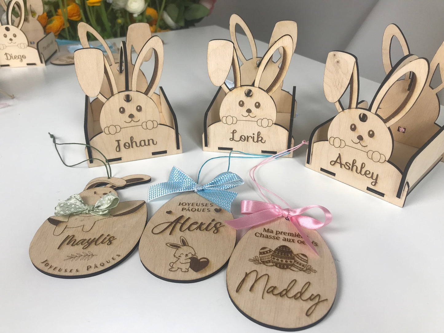 Oeufs de Pâques en bois gravés | Décoration Oeuf de Pâques bois prénom | Cadeau de Pâques personnalisé