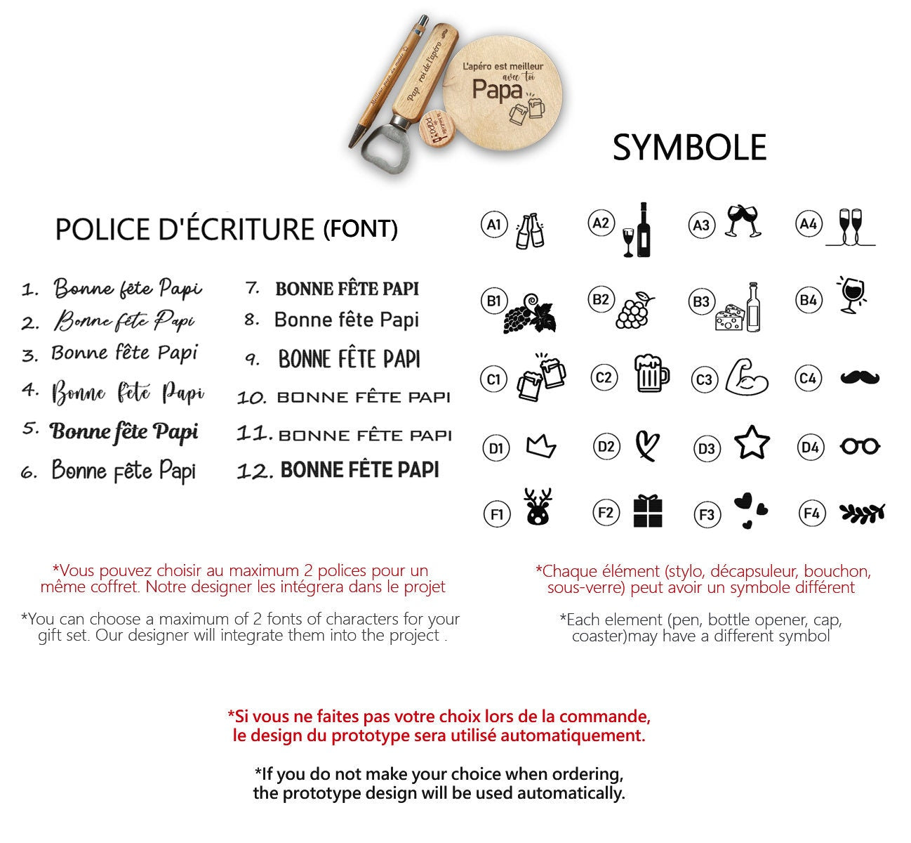 Coffret Cadeau en bois Personnalisé Fête des Pères/Papi/Parrain; Décapsuleur, sous-verre, porte clé, bouchon gravee