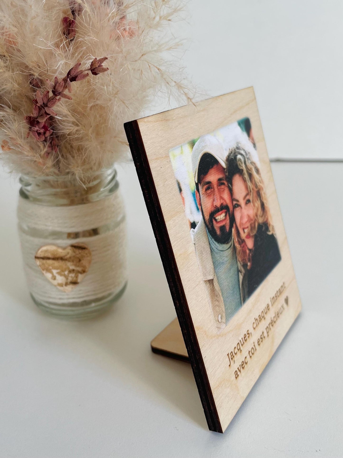 Photo imprimée sur bois avec message gravé