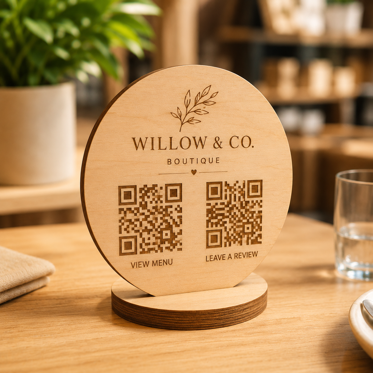 Plaque en bois personnalisée avec 2 QR Codes et logo gravé pour restaurant