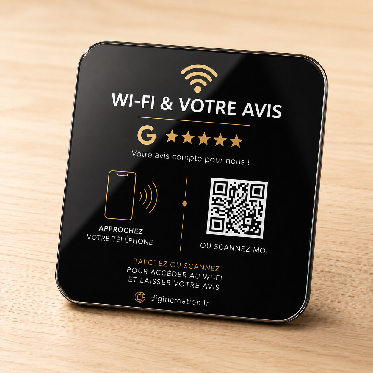 Plaque NFC Wi‑Fi & Avis Google avec QR Code