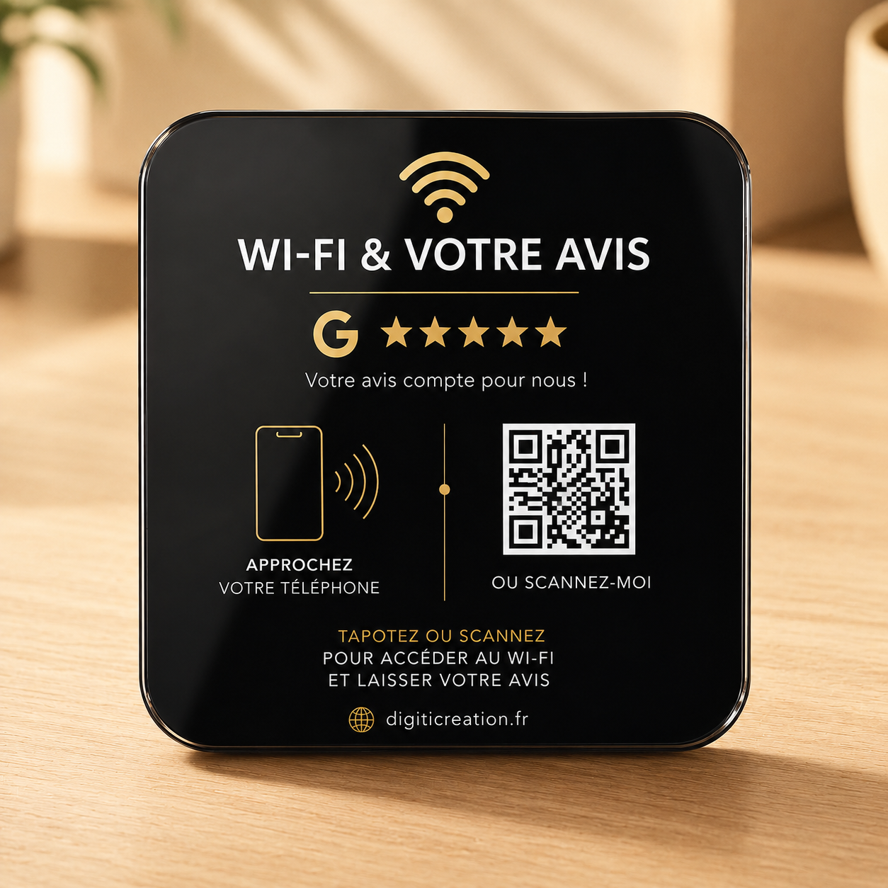 Plaque NFC Wi‑Fi & Avis Google avec QR Code