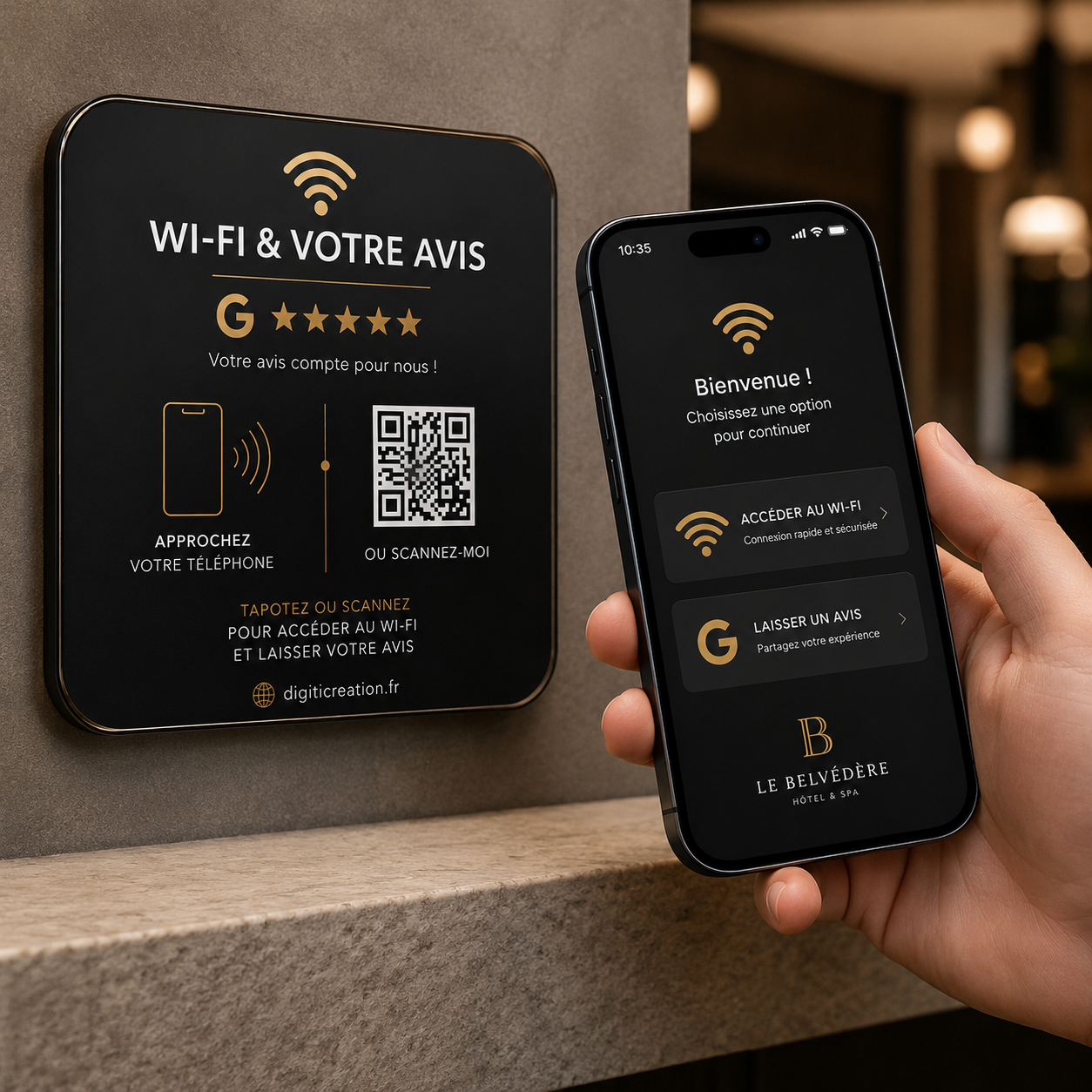 Plaque NFC Wi‑Fi & Avis Google avec QR Code