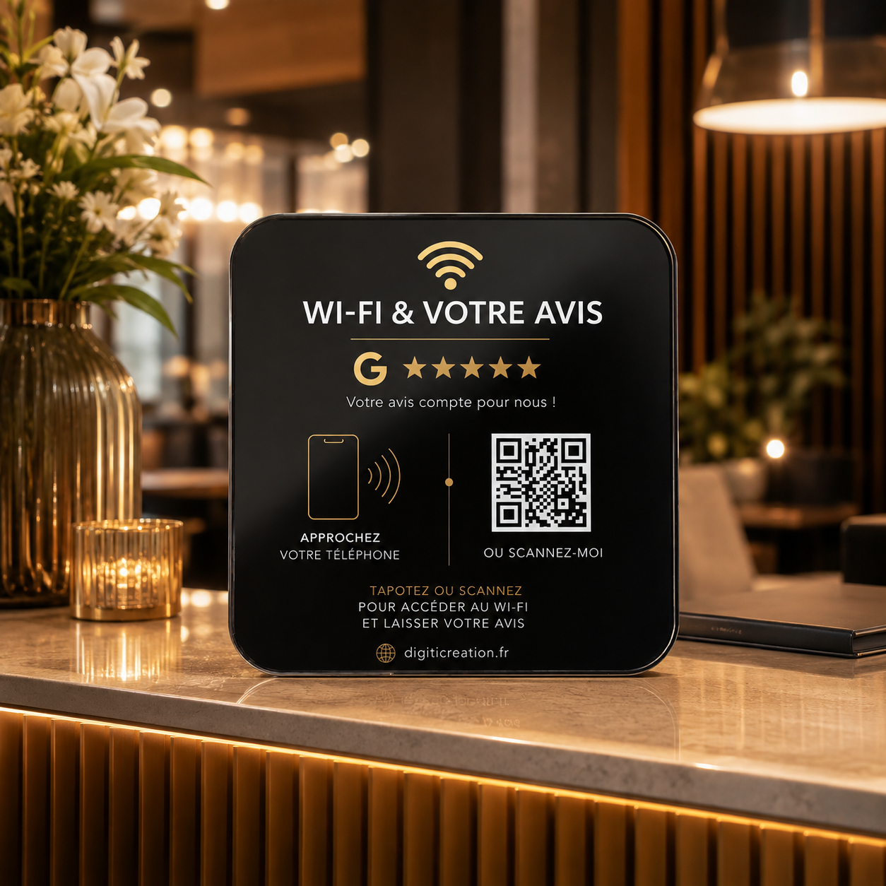 Plaque NFC Wi‑Fi & Avis Google avec QR Code