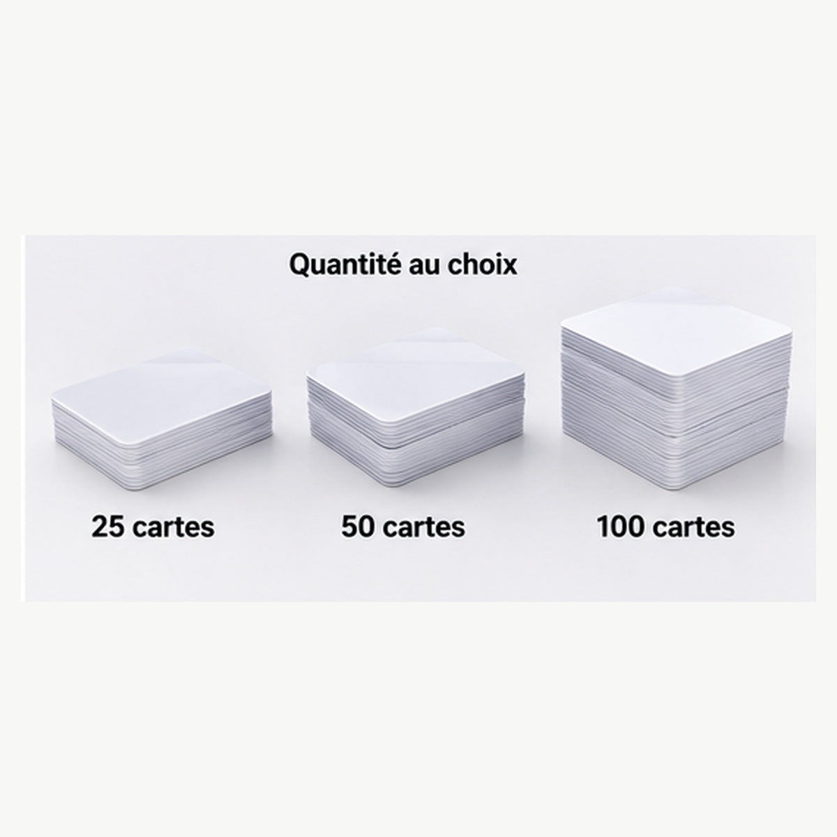 Lots de cartes de visite PVC personnalisées disponibles en quantités de 25, 50 ou 100 cartes