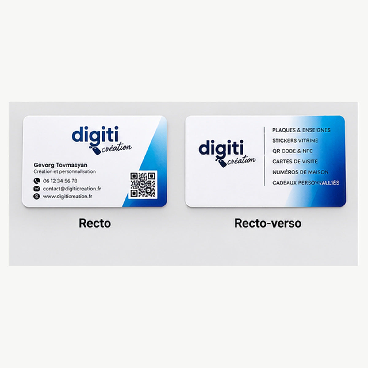 Exemple de carte de visite PVC personnalisée avec impression recto et recto-verso, logo et informations professionnelles