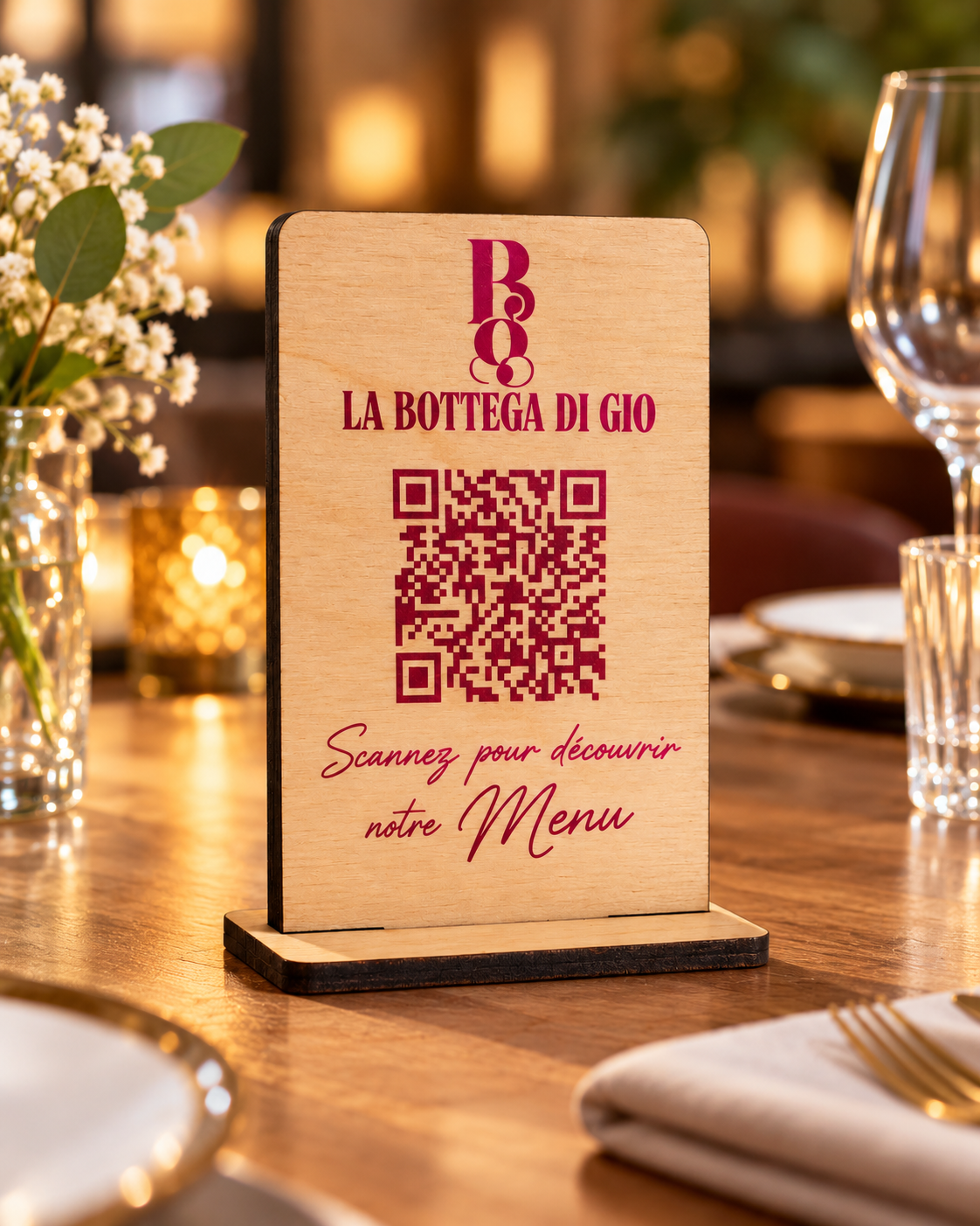 Présentoir QR Code en bois personnalisé avec impression UV couleur, présenté sur une table de restaurant élégante.