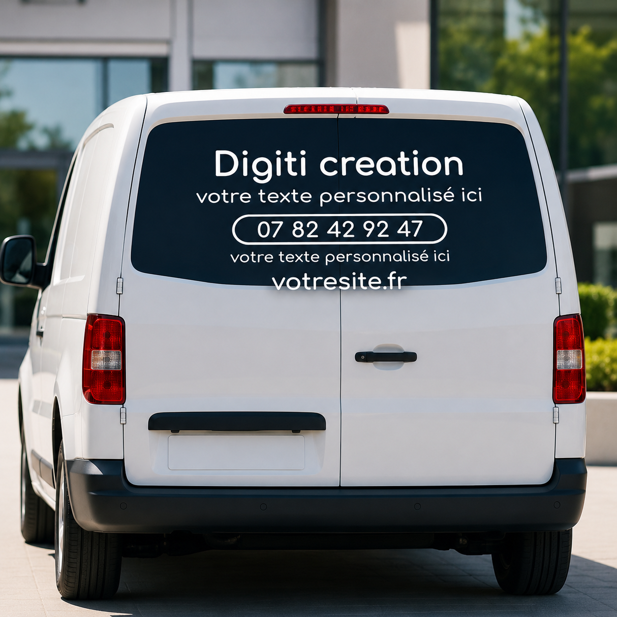 Autocollant publicitaire personnalisé avec coordonnées professionnelles sur un véhicule utilitaire blanc