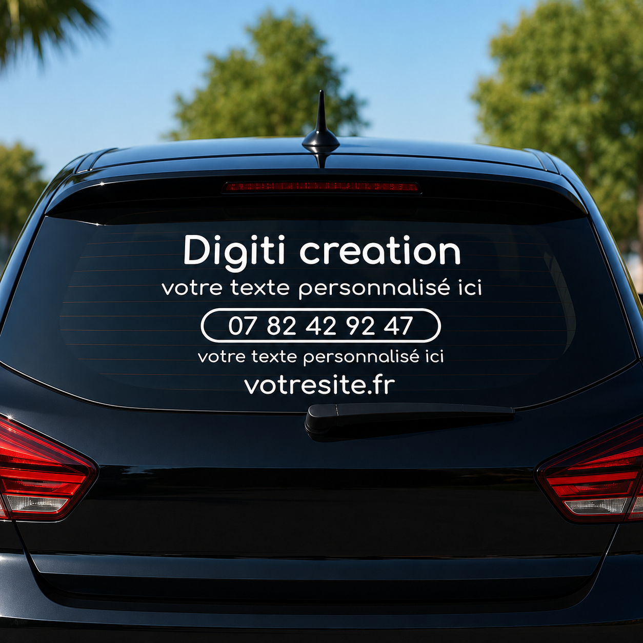 Autocollant publicitaire personnalisé avec coordonnées professionnelles sur un véhicule utilitaire blanc
