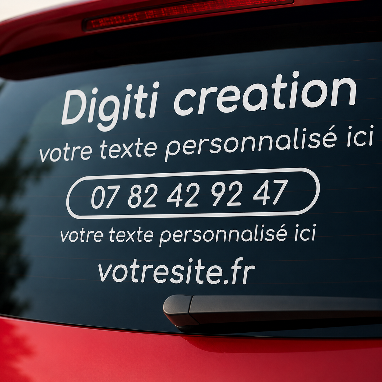 Détail d’un sticker publicitaire personnalisé en vinyle blanc sur la vitre arrière d’une voiture