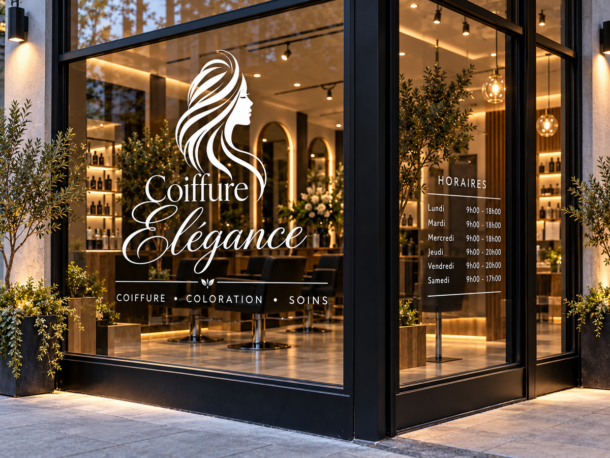 Autocollant vitrine blanc Le Studio pour salon de coiffure avec texte personnalisé