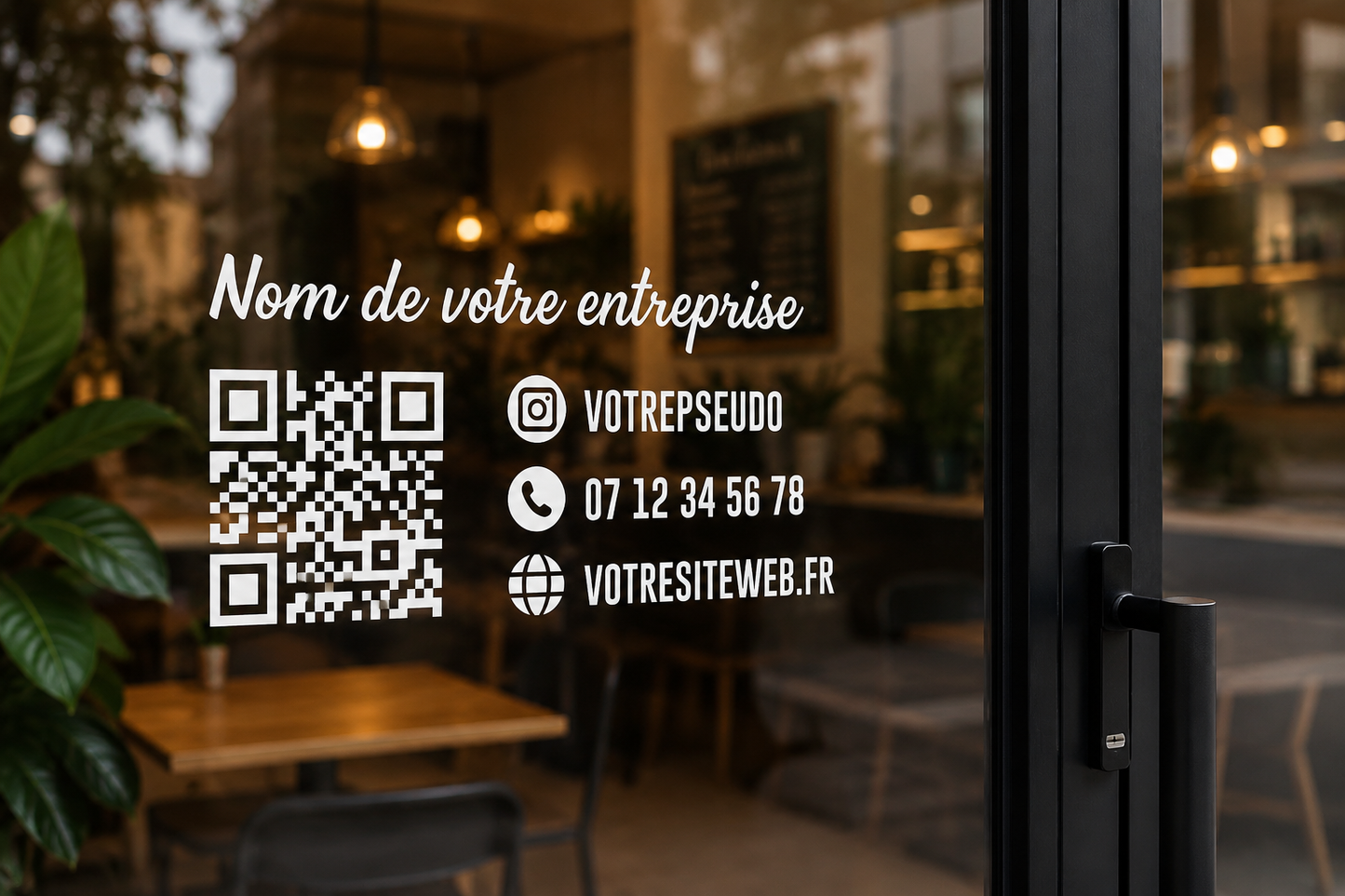 Sticker vitrine personnalisé avec QR Code, logo, téléphone et réseaux sociaux pour commerce