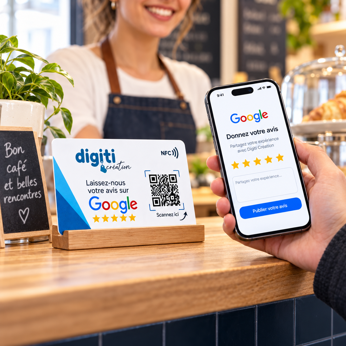 Carte Google Avis en PVC personnalisée avec technologie NFC, QR Code et design professionnel bleu et blanc