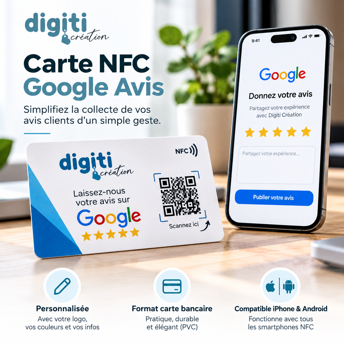 Carte NFC Google Avis personnalisée avec logo, QR Code et smartphone pour faciliter la collecte des avis clients