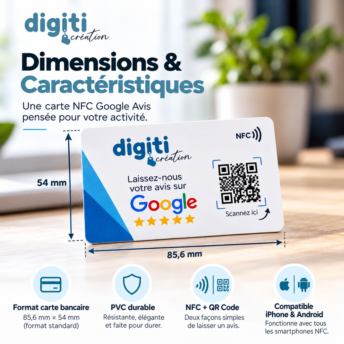 Démonstration d'une carte NFC Google Avis approchée d'un smartphone pour accéder à la page des avis clients