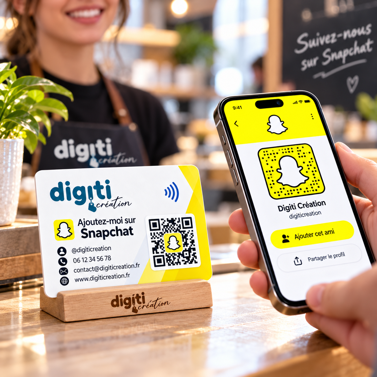 Carte NFC Snapchat personnalisée avec logo, QR Code et smartphone pour partager facilement son profil Snapchat