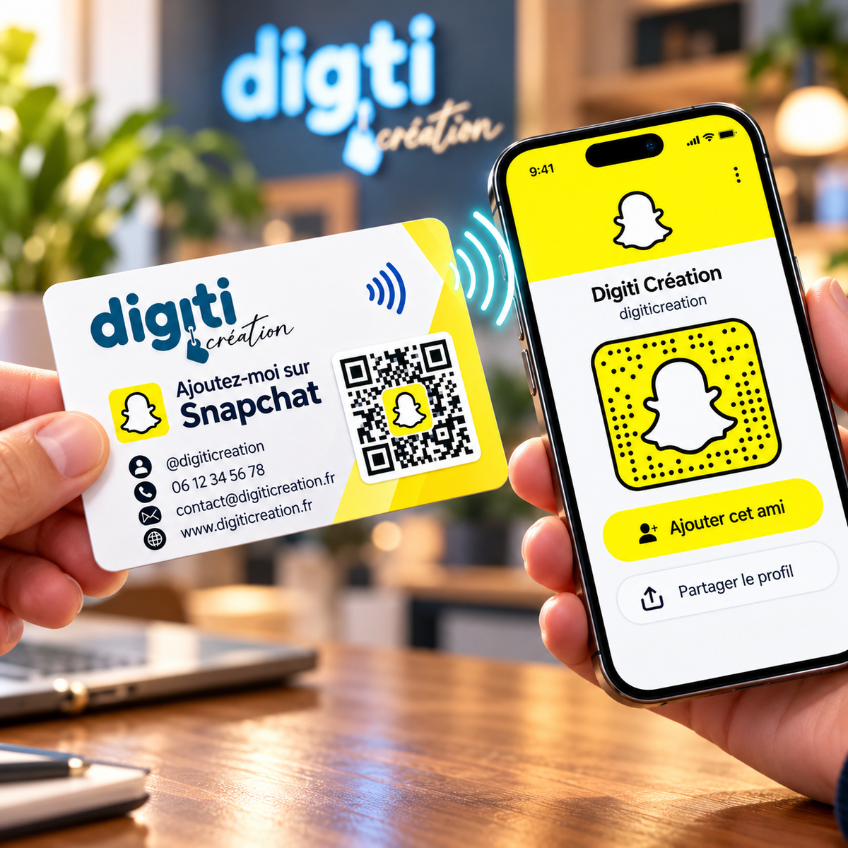 Carte NFC Snapchat personnalisée recto verso avec QR Code, logo Digiti Création et informations professionnelles