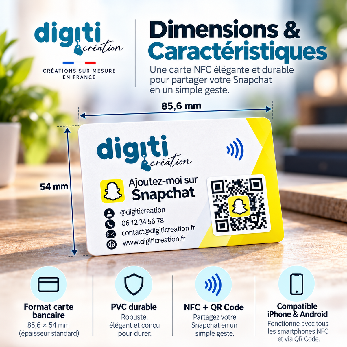 Carte de visite NFC Snapchat en PVC blanc et jaune avec logo personnalisé, Snapcode et symbole sans contact