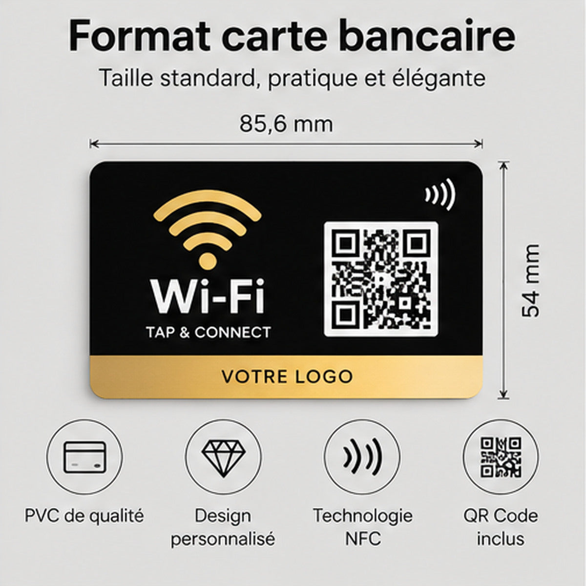 Carte NFC Wi-Fi en PVC au format carte bancaire 85,6 x 54 mm avec technologie NFC et QR Code