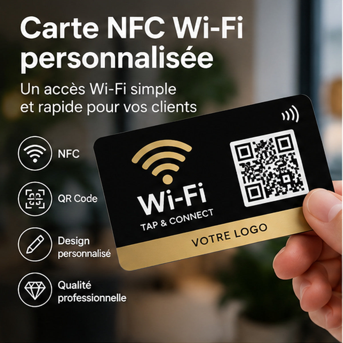 Carte NFC Wi-Fi personnalisée avec QR Code et smartphone, idéale pour faciliter l'accès au réseau Wi-Fi des clients