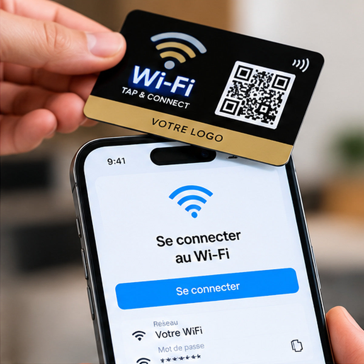 Démonstration d'une carte NFC Wi-Fi avec smartphone pour accéder facilement aux informations de connexion du réseau