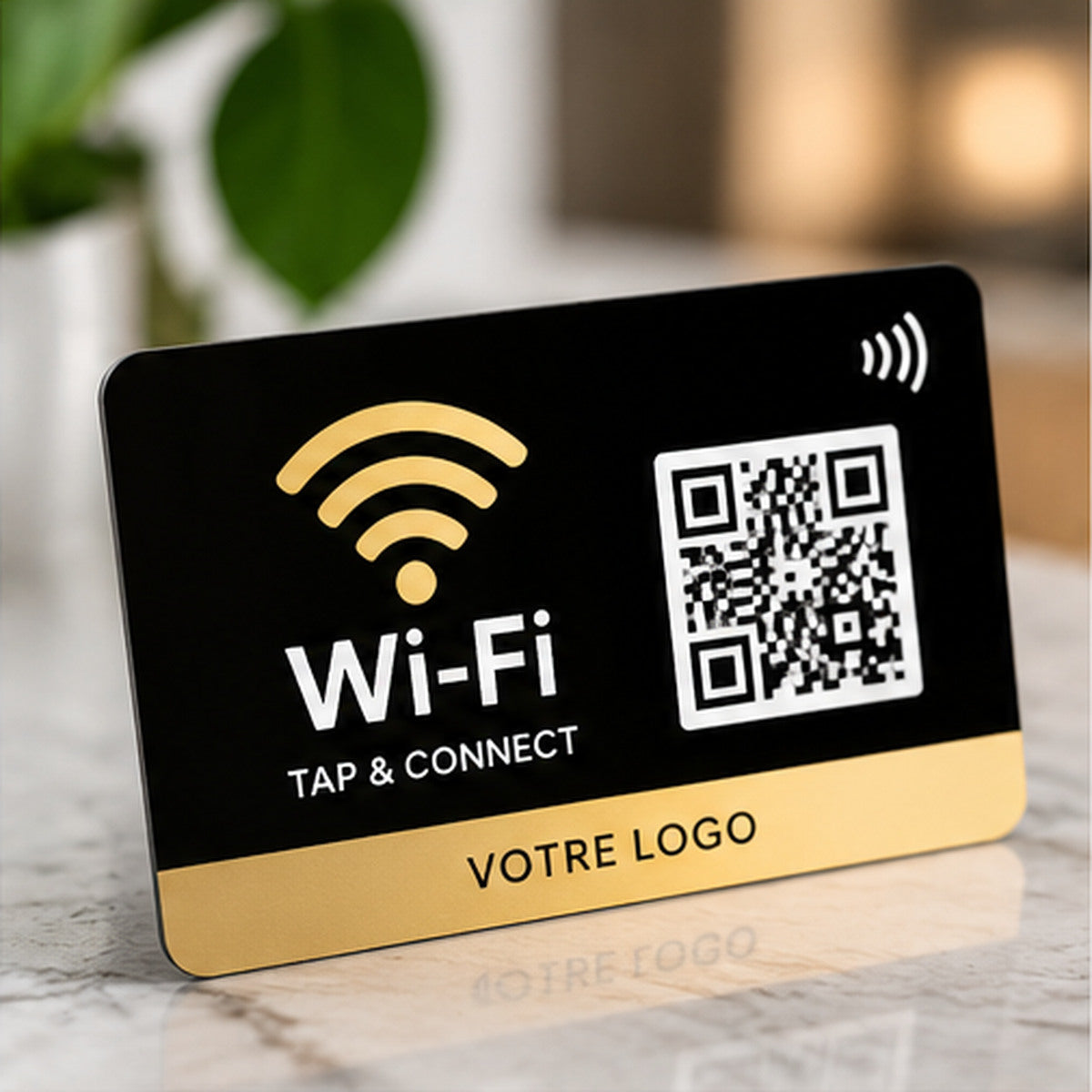 Carte Wi-Fi en PVC personnalisée avec logo, symbole NFC et QR Code pour partager les informations du réseau