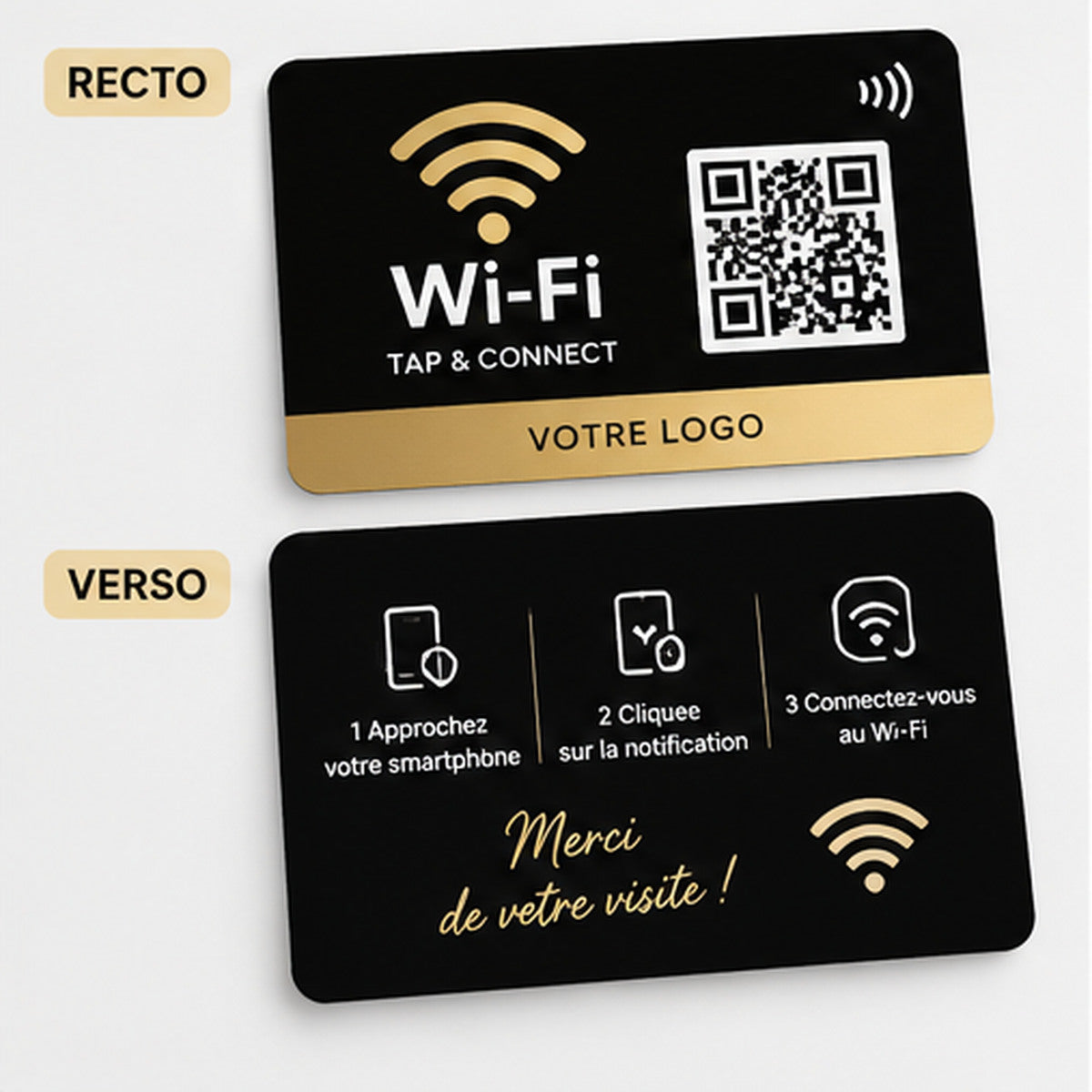 Carte NFC Wi-Fi personnalisée recto verso avec logo professionnel, QR Code et informations du réseau invité