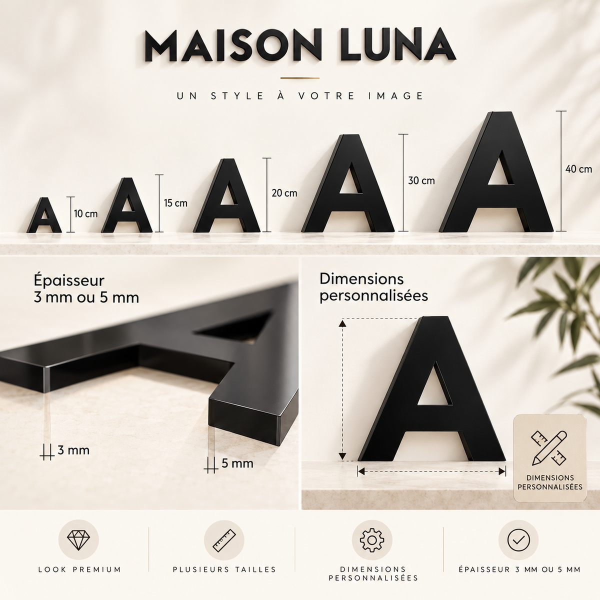 Guide des dimensions et épaisseurs 3 mm ou 5 mm pour lettres en acrylique sur mesure