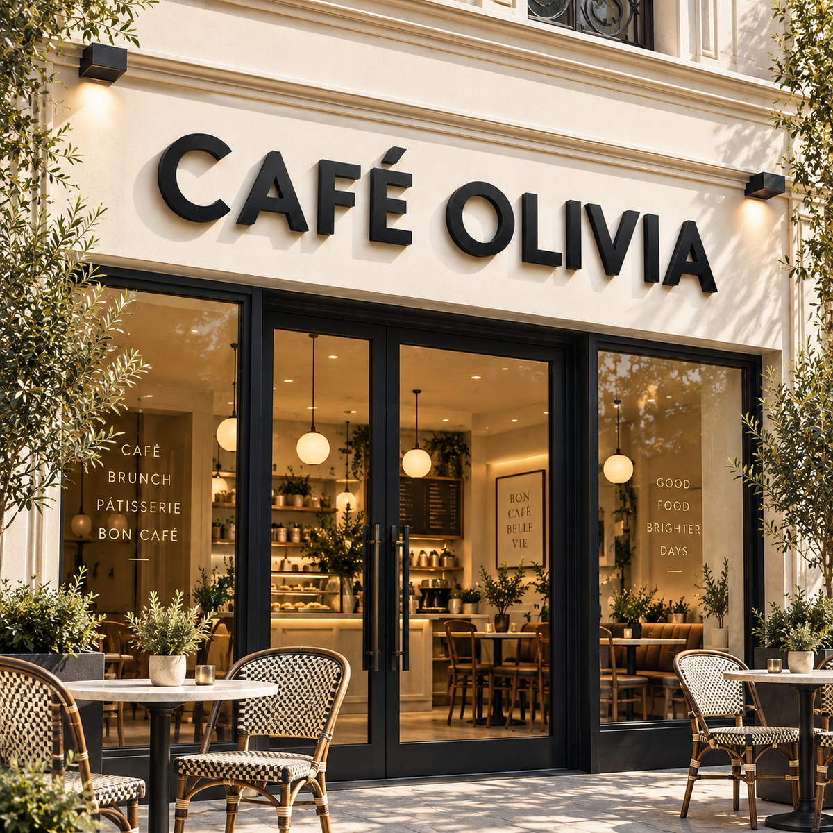 Enseigne Café Olivia en lettres découpées en acrylique pour café et restaurant