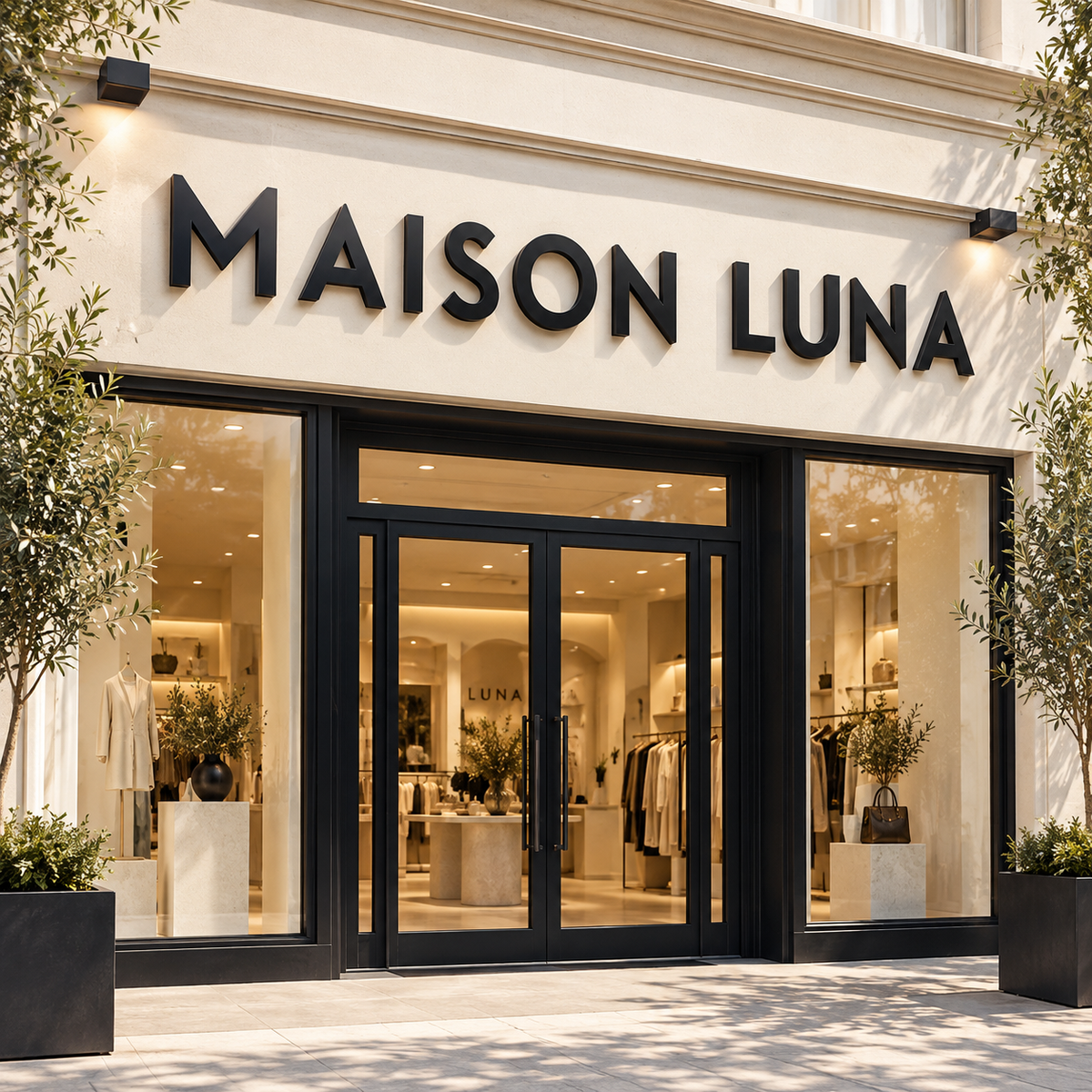 Enseigne magasin personnalisée Maison Luna avec lettres découpées en acrylique noir