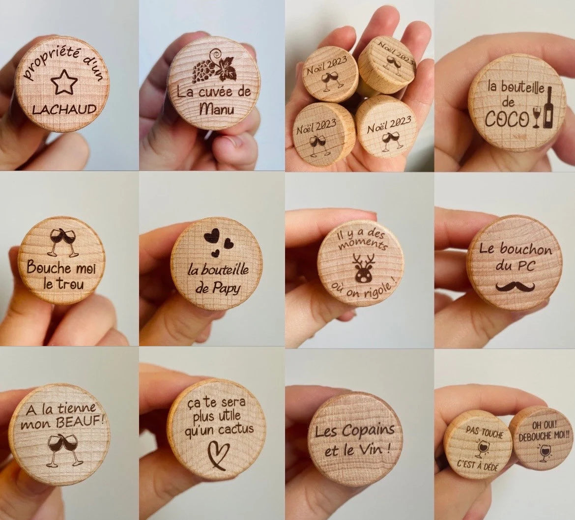 Exemples de bouchons de vin personnalisés avec gravure de logos, textes et illustrations.