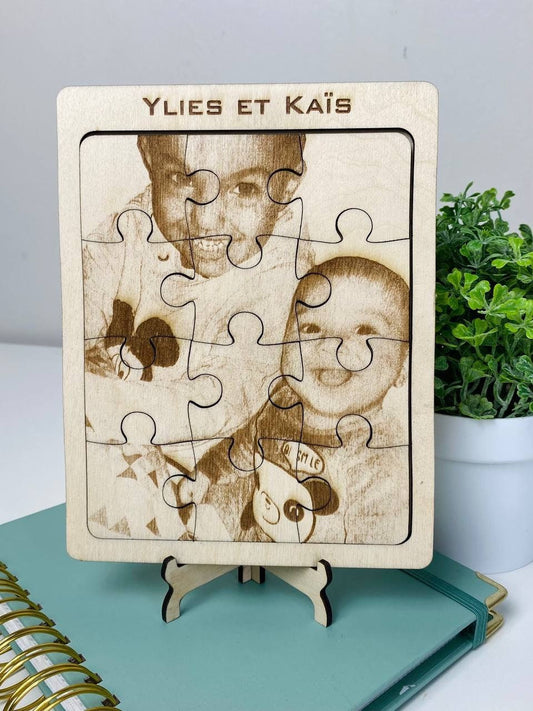 Puzzle photo personnalisé en bois gravé