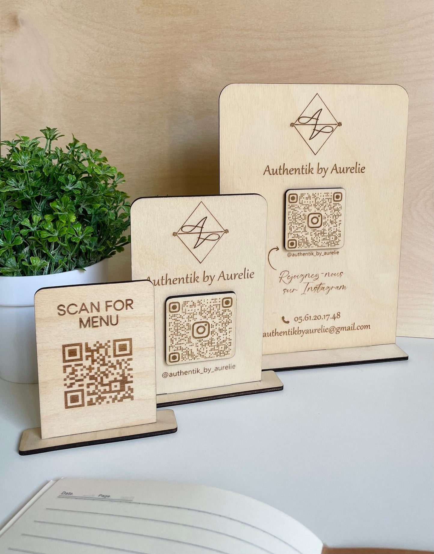 Plaque QR Code en bois personnalisé, Menu QR Code Instagram, Scannez pour afficher le menu, Sans contact restaurant, hôtel, Signe Wifi QR