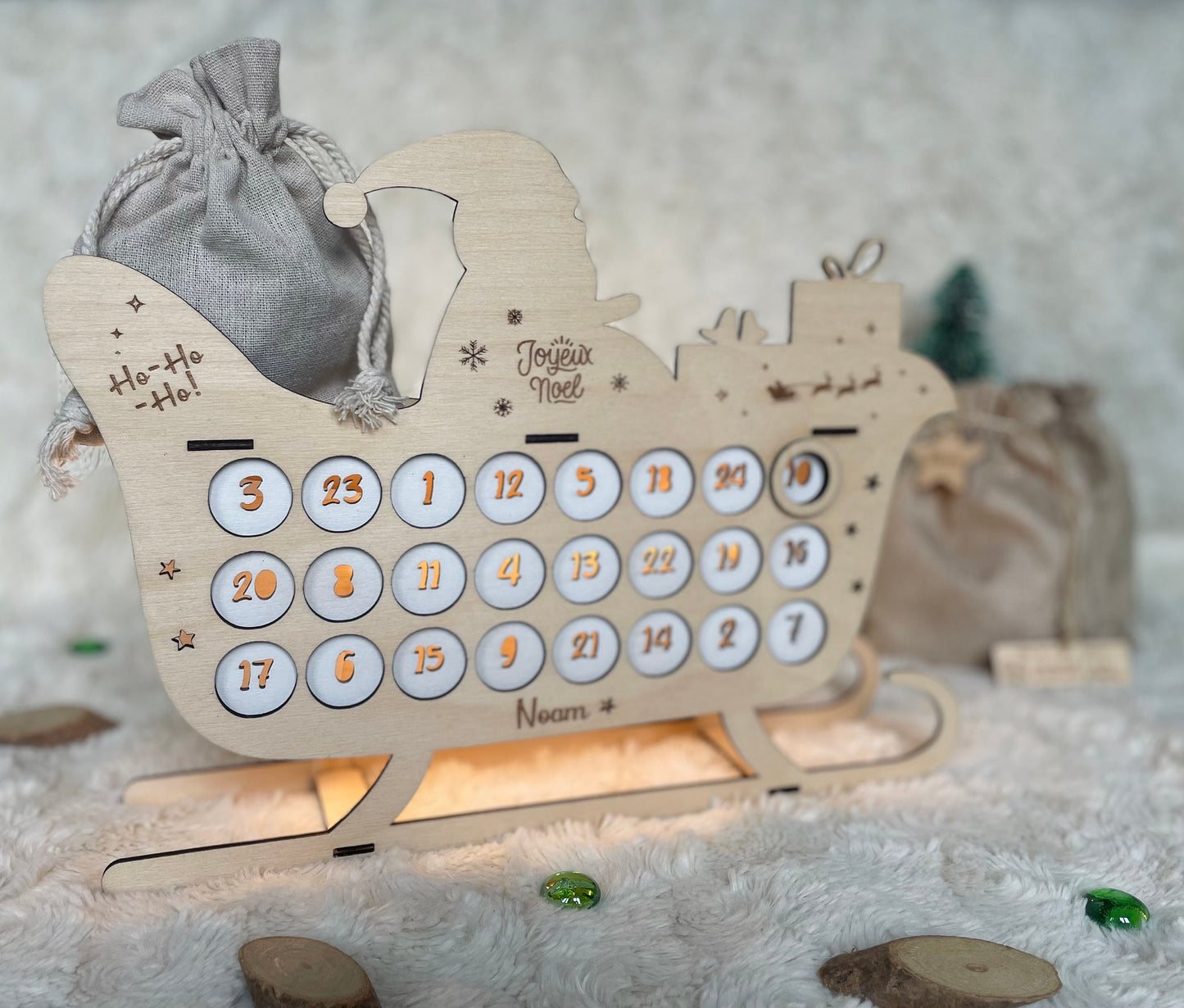 Wooden advent calendar to personalize in the shape of a Christmas sleigh