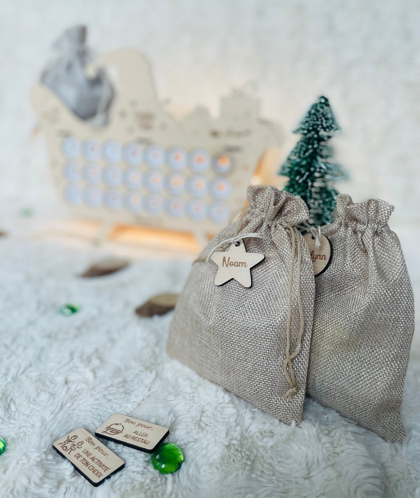 Wooden advent calendar to personalize in the shape of a Christmas sleigh