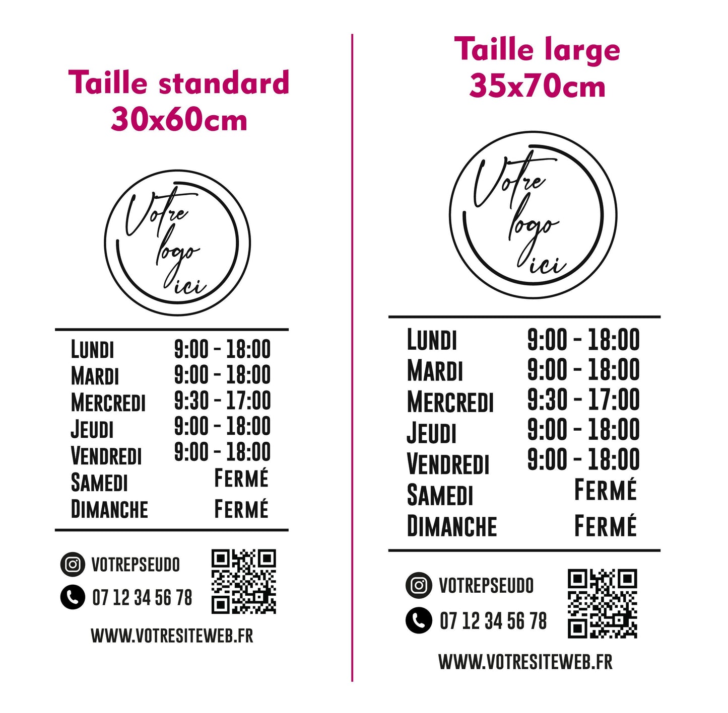 Horaires d'ouverture avec LOGO et QR code / Autocollant vitrine horaires