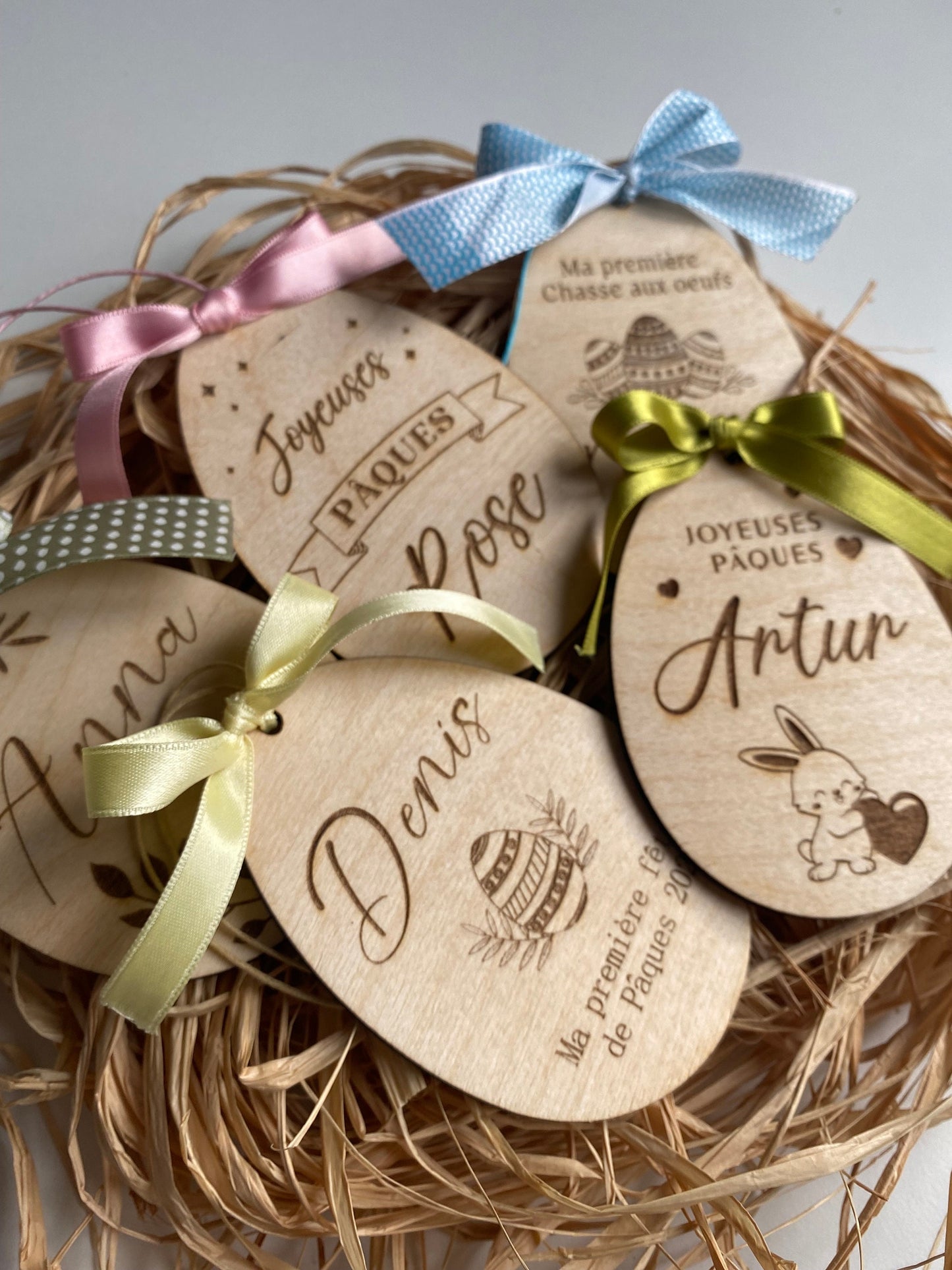 Lapin de Pâques personnalisé | Oeufs de Pâques en bois gravés | Décoration Oeuf de Pâques bois prénom | Cadeau de Pâques