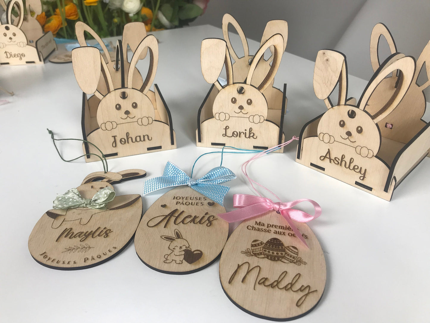 Lapin de Pâques personnalisé | Oeufs de Pâques en bois gravés | Décoration Oeuf de Pâques bois prénom | Cadeau de Pâques