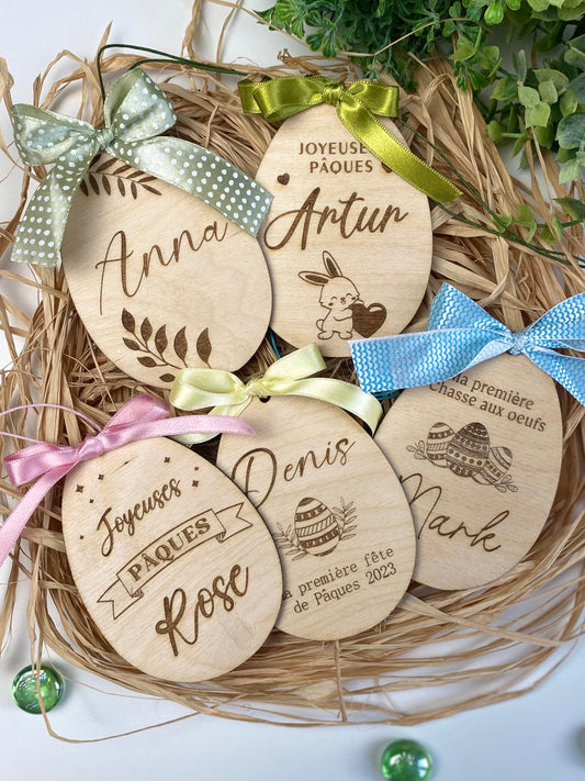 Oeufs de Pâques en bois gravés | Décoration Oeuf de Pâques bois prénom | Cadeau de Pâques personnalisé