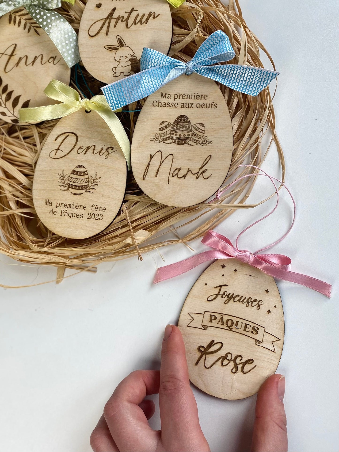 Oeufs de Pâques en bois gravés | Décoration Oeuf de Pâques bois prénom | Cadeau de Pâques personnalisé