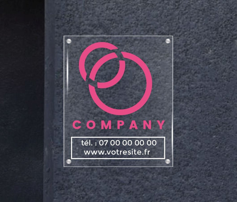 Transparentes Logo-Schild und Firmenkontakt aus Plexiglas