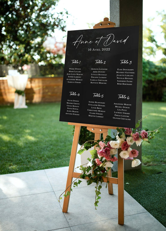 Plan de table de mariage personnalisé en acrylique noir