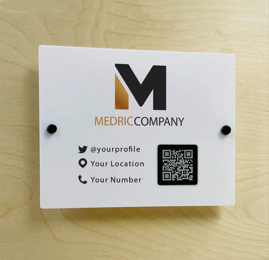 Plaque professionnelle LOGO et QR code personnalisé en acrylique/ Panneaux publicitaires intérieur/ Logo et texte en vinyl adhésif