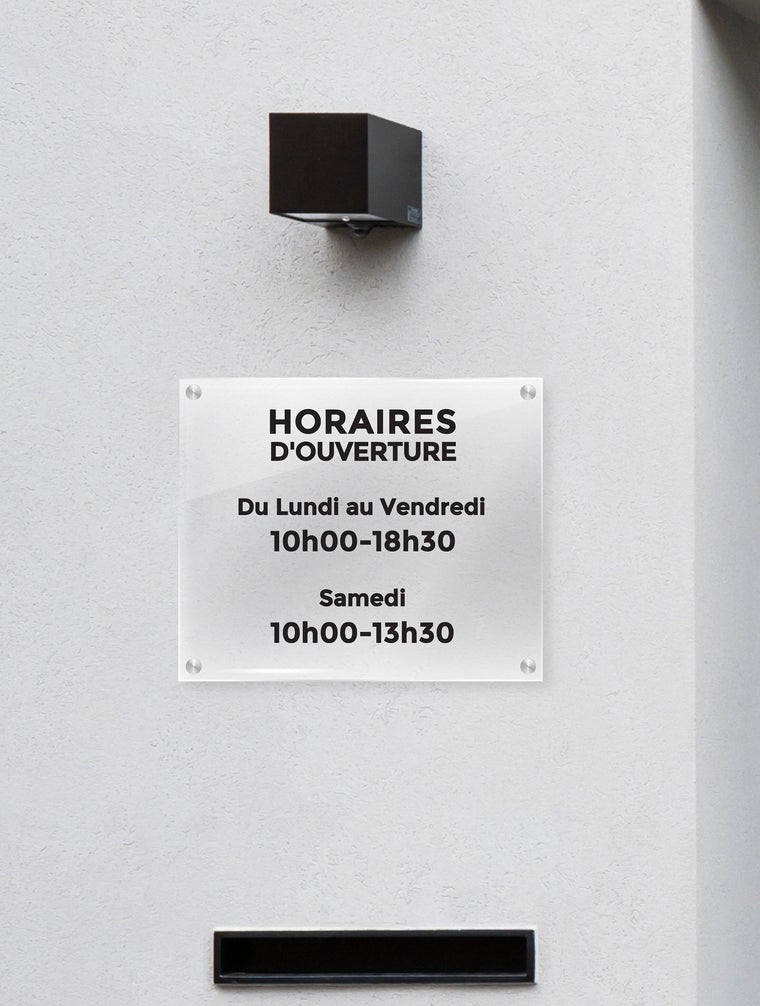 Transparentes Plexiglas-Firmenschild "Öffnungszeiten"