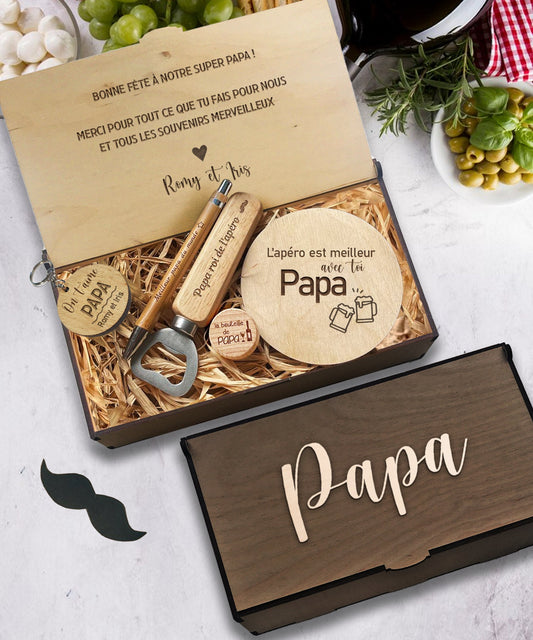 Coffret Cadeau en bois Personnalisé Fête des Pères/Papi/Parrain; Décapsuleur, sous-verre, porte clé, bouchon gravee