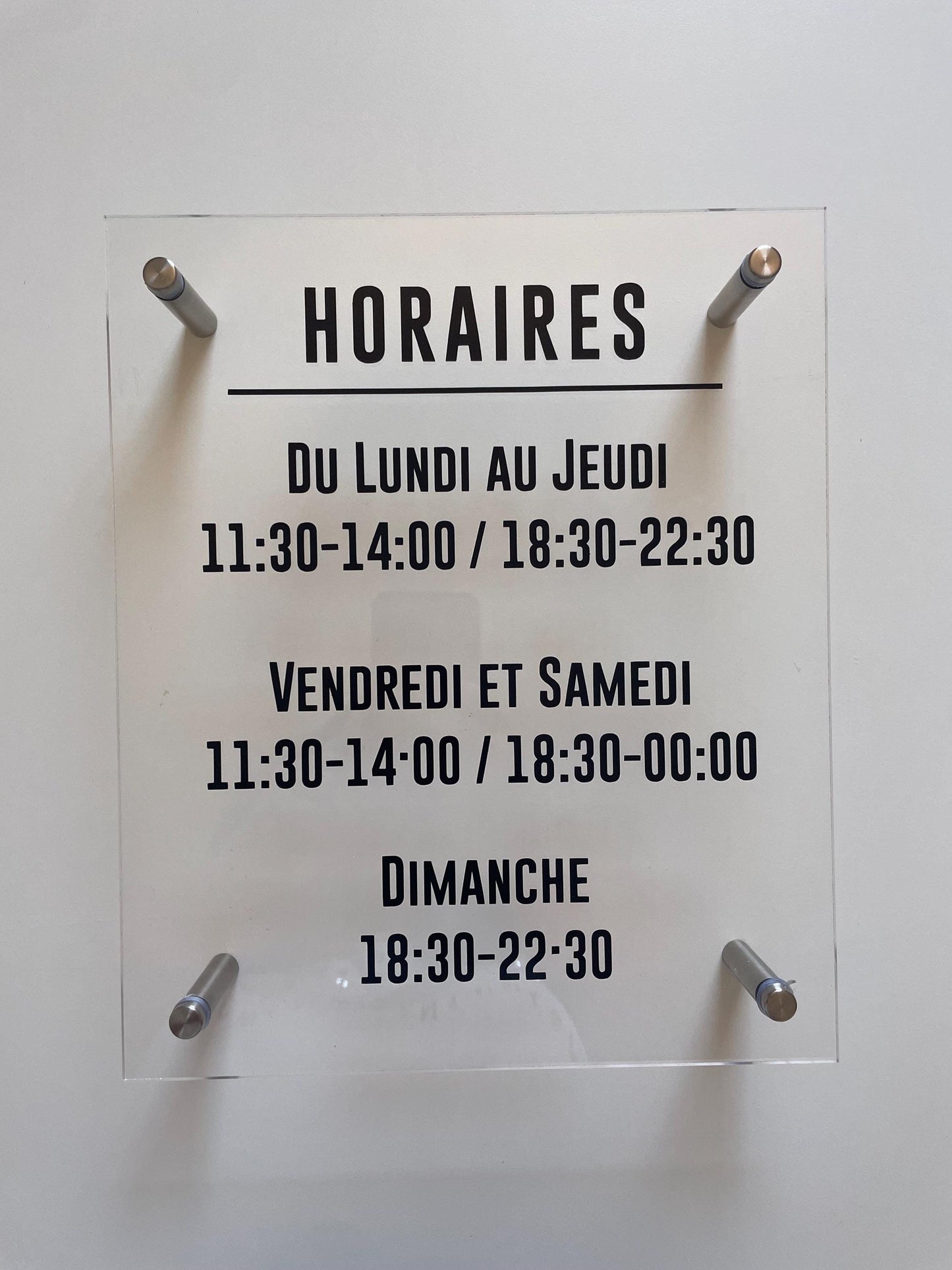 Professional outdoor transparent plexiglass sign “Opening hours”