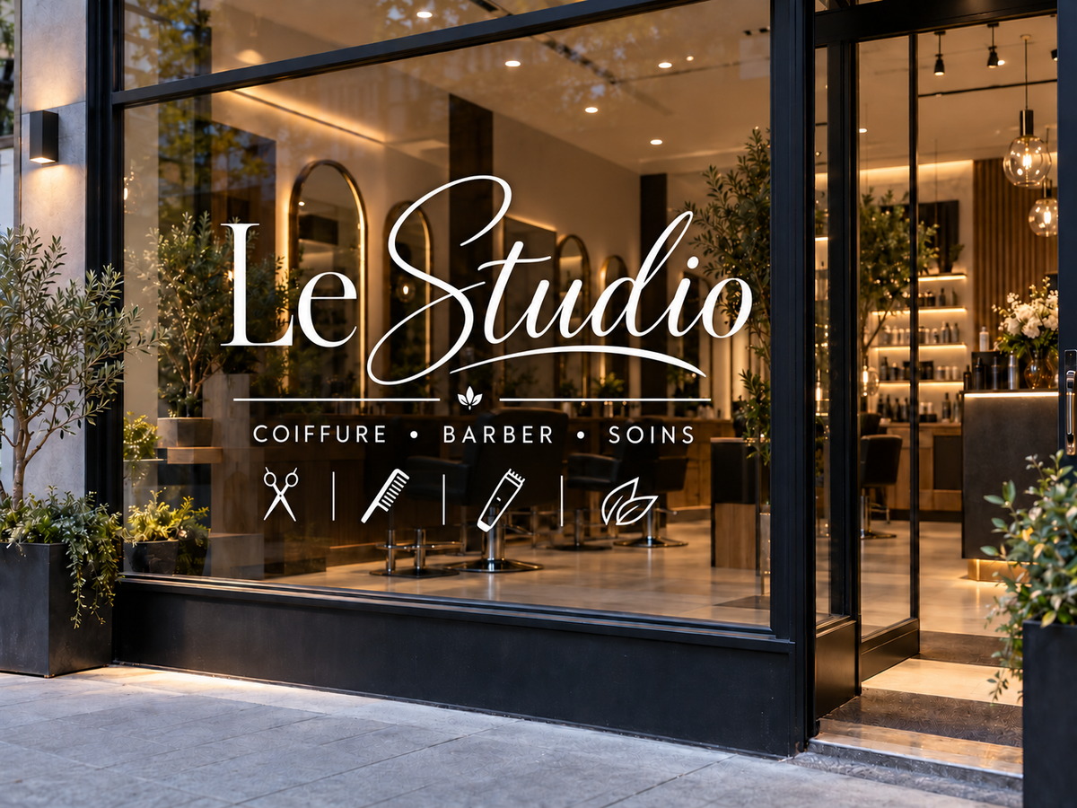 Lettrage adhésif blanc pour vitrine de salon de coiffure avec logo personnalisé