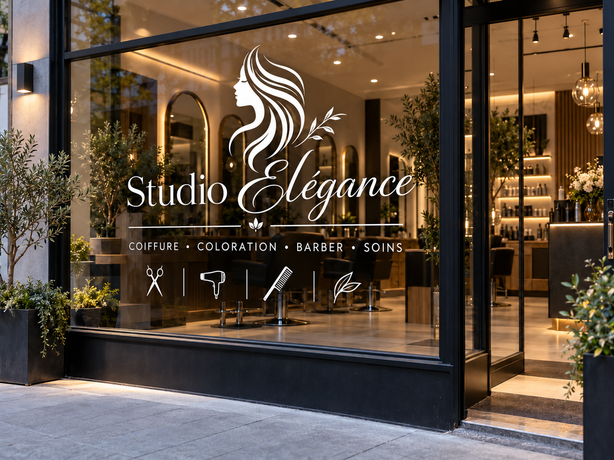 Lettrage vitrine blanc Éclat Coiffure avec logo et services personnalisés