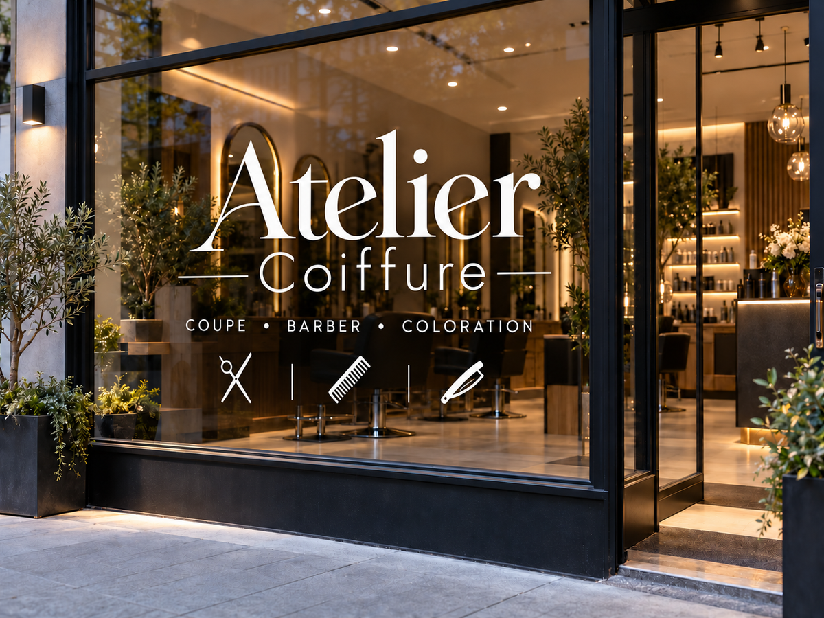 Lettrage vitrine blanc personnalisé pour salon de coiffure avec logo et services